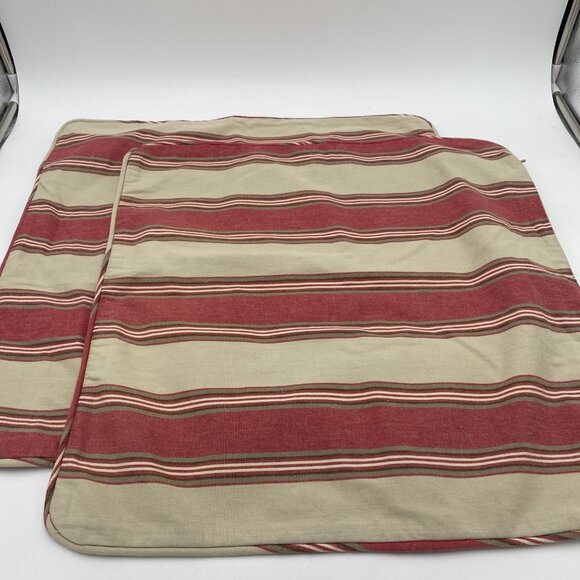 Pottery Barn Pillow Shams Set 2 Tan Red Striped 20"x20" Throw Pillows Cotton - Picture 1 of 10